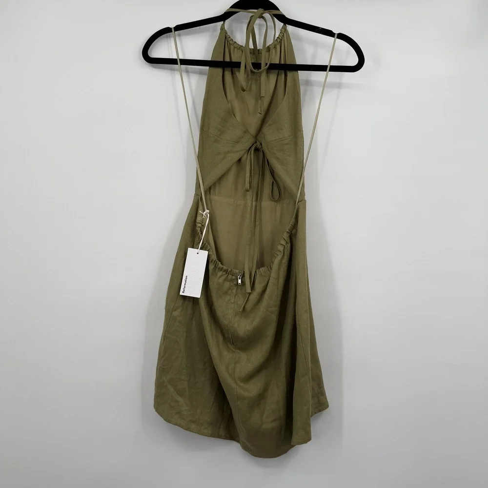 Reformation Dress Womens 6 Green Mini Sundress Halter Linen Lined Open Back‎ Tie